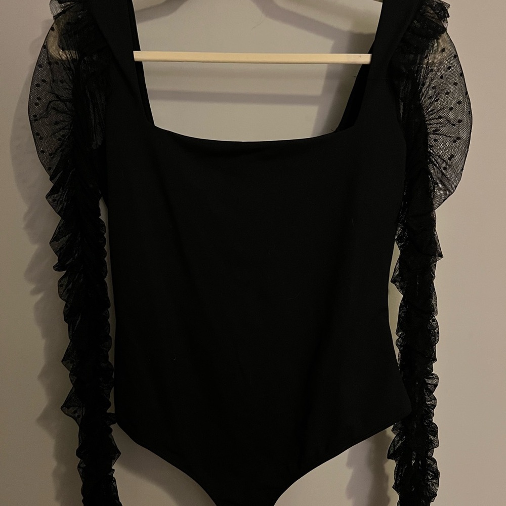 Free People Black Polka Dot Mesh Sleeve Bodysuit